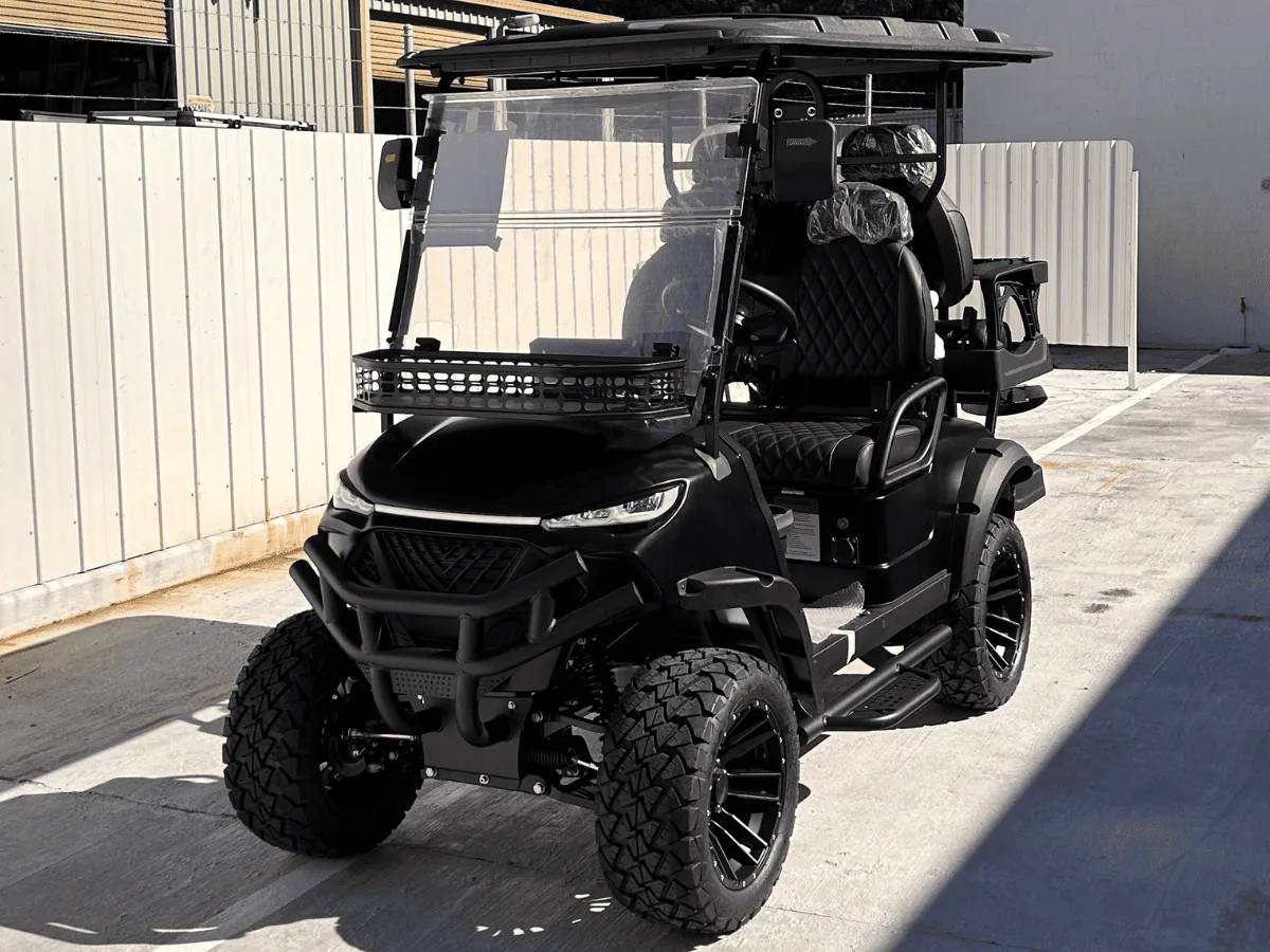 JSH golf cart fitted with a rear golf bag rack, front view