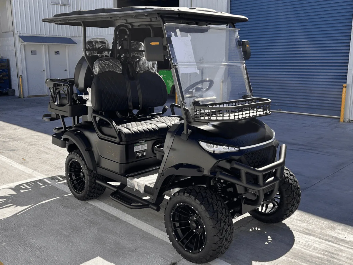 JSH golf cart fitted with a rear golf bag rack, rear view