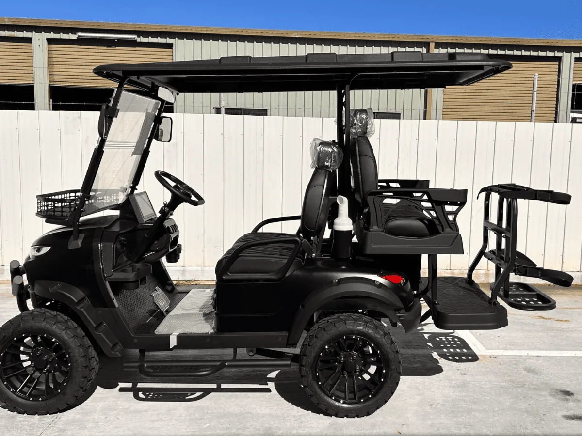 JSH golf bag rack shown in profile on a golf cart