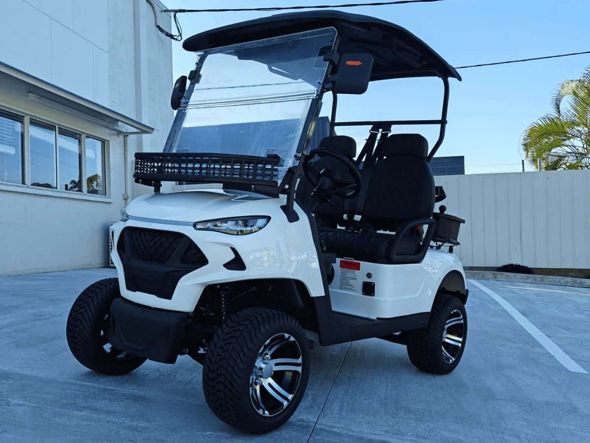 White JSH0701 two-seat golf cart in Australia, front quarter view