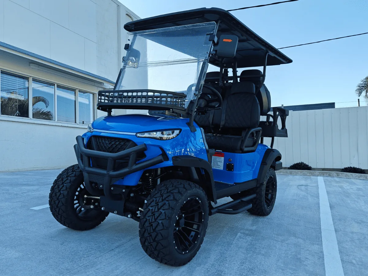 Blue JSH0702 two plus two seat golf cart in Australia, front quarter view