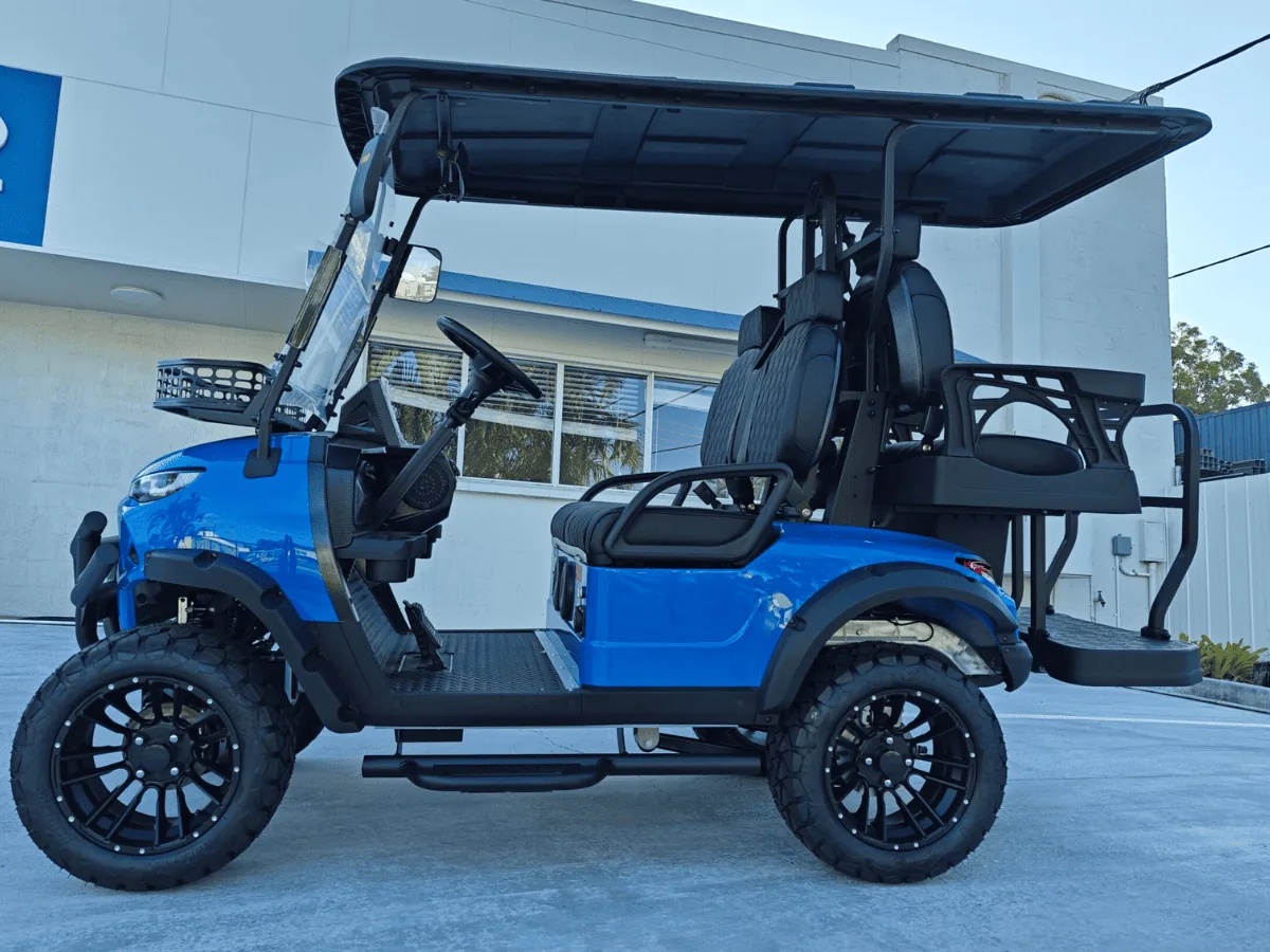 Blue JSH0702 two plus two seat golf cart in Australia, side view