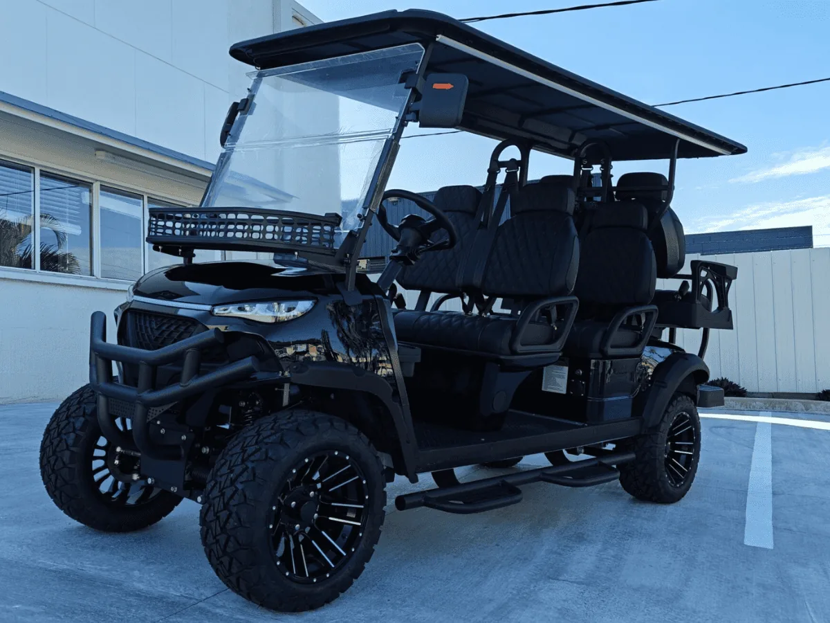 Black JSH0704 four plus two seat golf cart in Australia, front quarter view