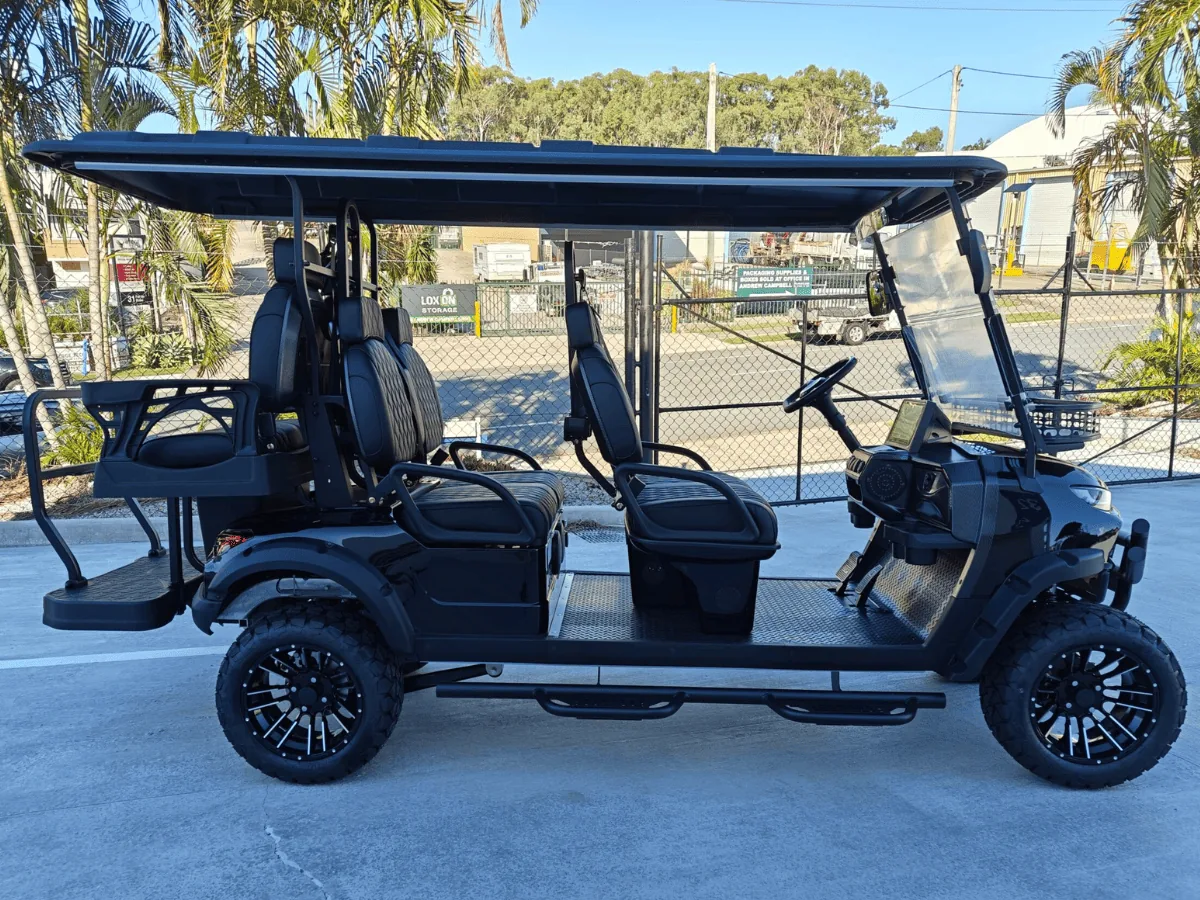 Black JSH0704 four plus two seat golf cart in Australia, side view