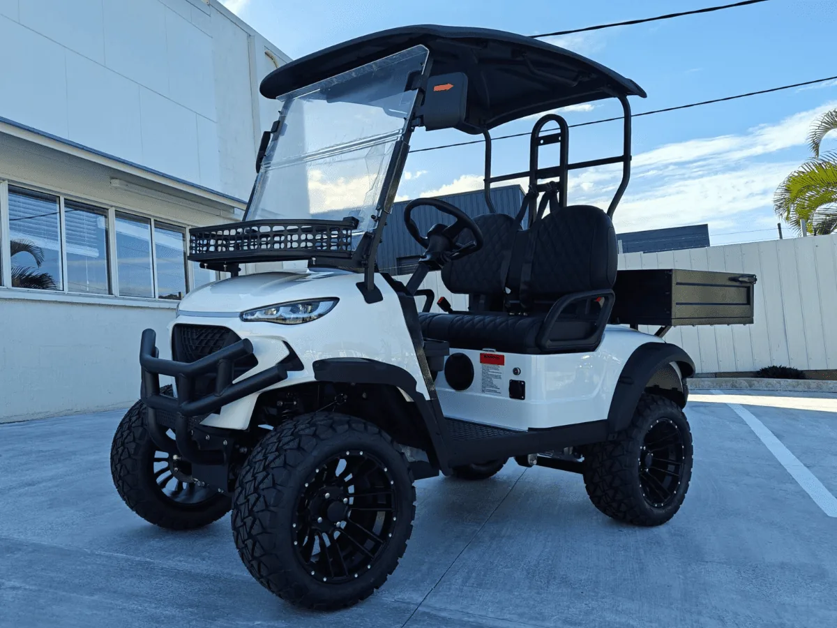 White JSH0707 utility golf cart in Australia, front quarter view