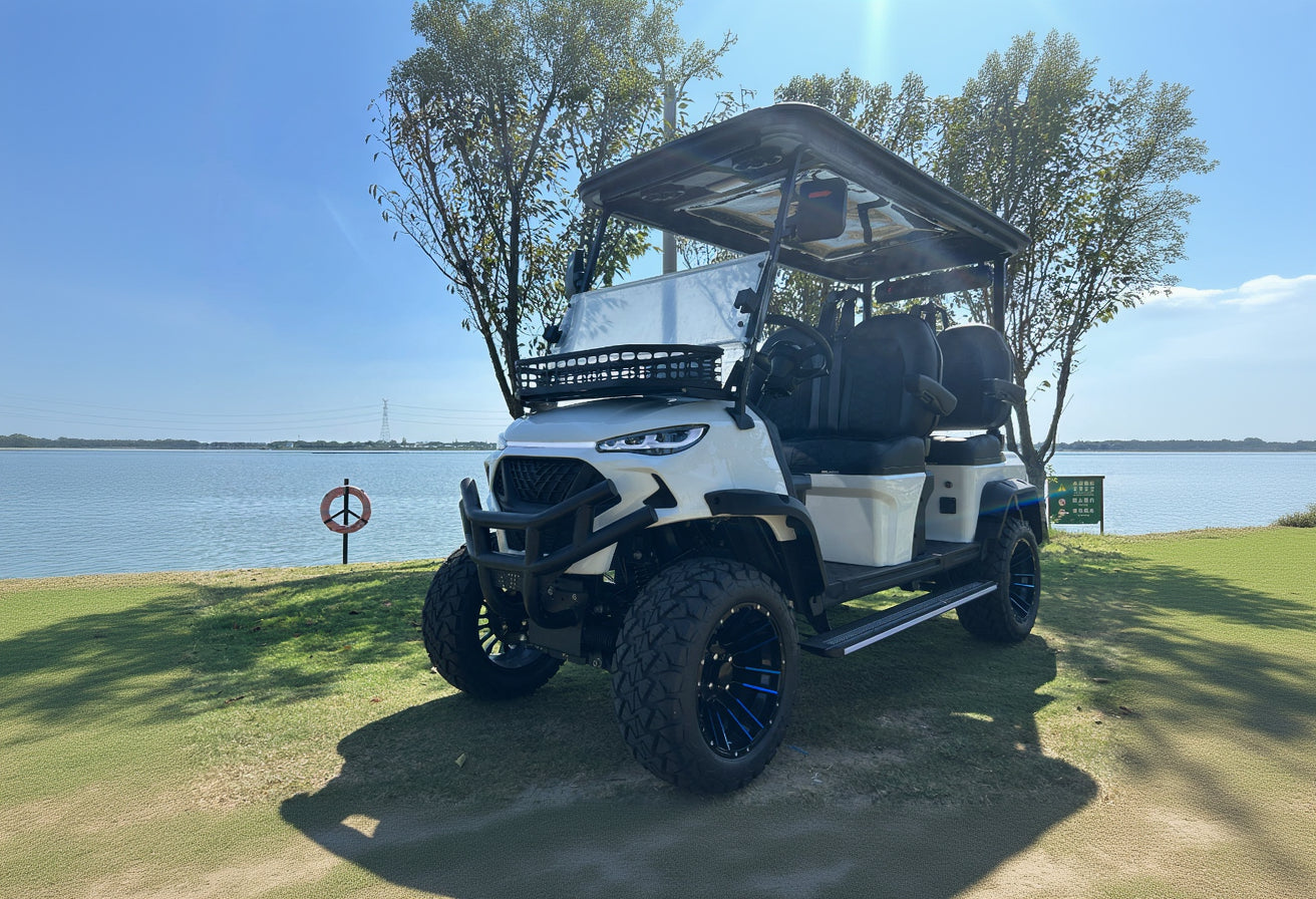 White JSH0703 four-seat forward-facing buggy beside an Australian lake