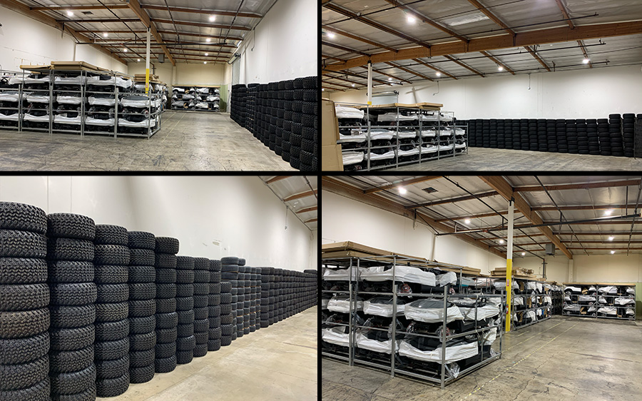 Warehouse views showing stacked tires and racks of wrapped golf cart body components