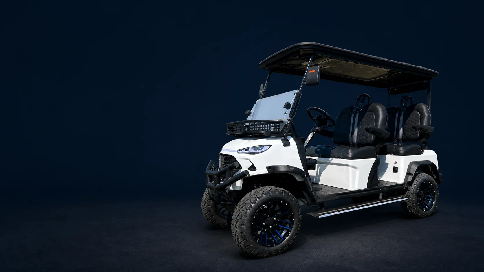 White JSH0703 four-seat forward-facing golf cart on a deep navy studio background