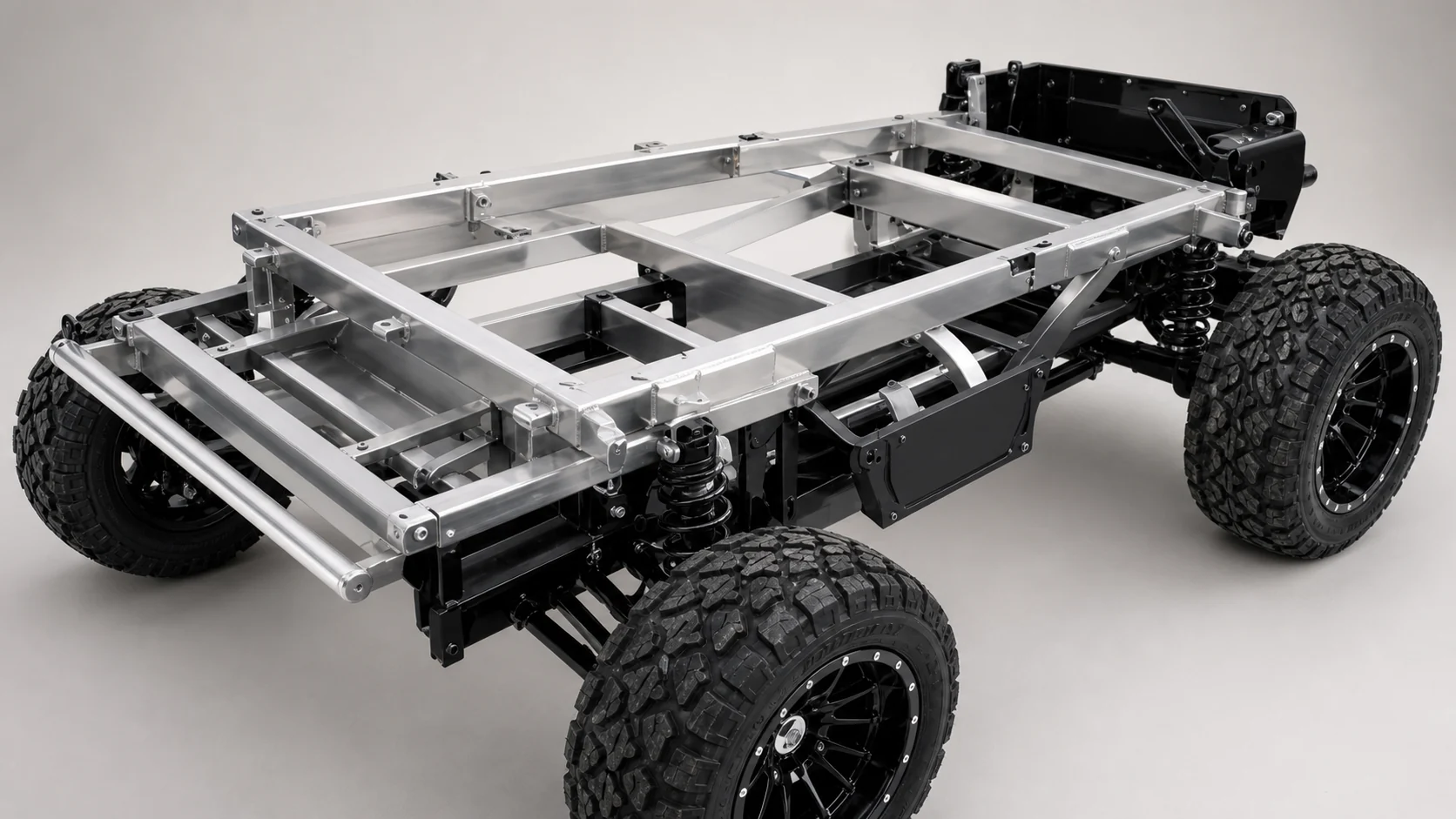 JSH aluminium chassis with suspension and four rugged wheels